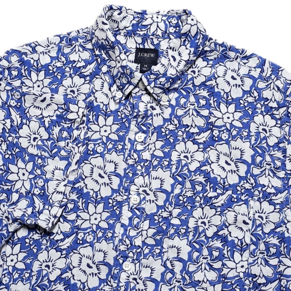 J Crew Classic Linen Blend‎ Blue Floral Short Sleeve Shirt Mens M